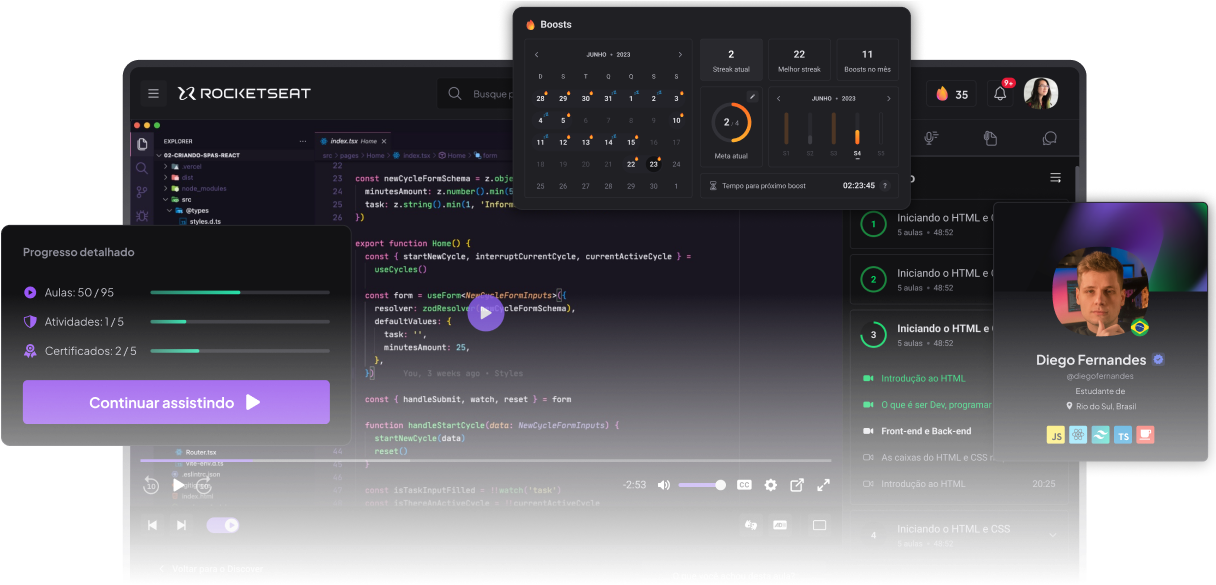 Plataforma da rocketseat com images da sala de aula, perfil progresso e boots